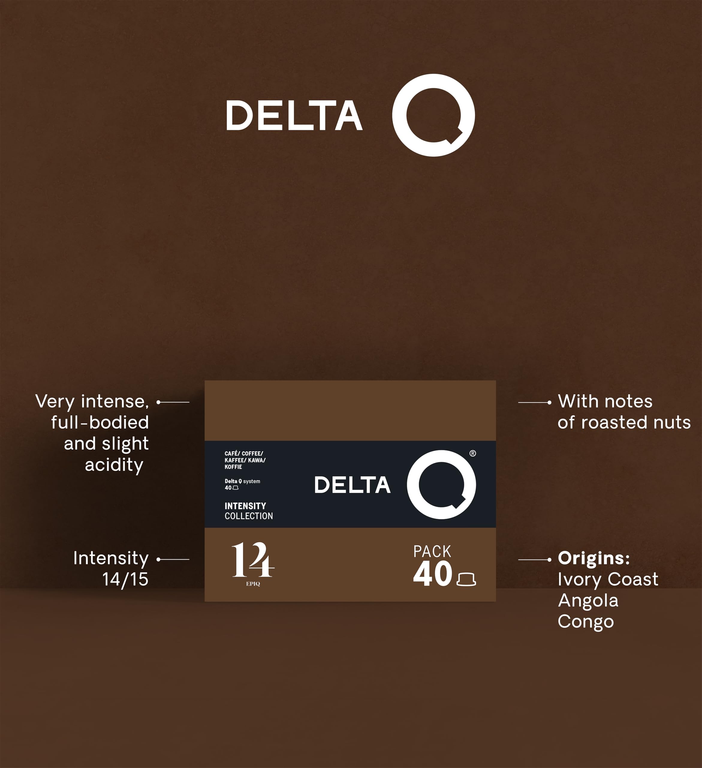 Delta Q espresso en taza con crema sedosa, intenso y aromático