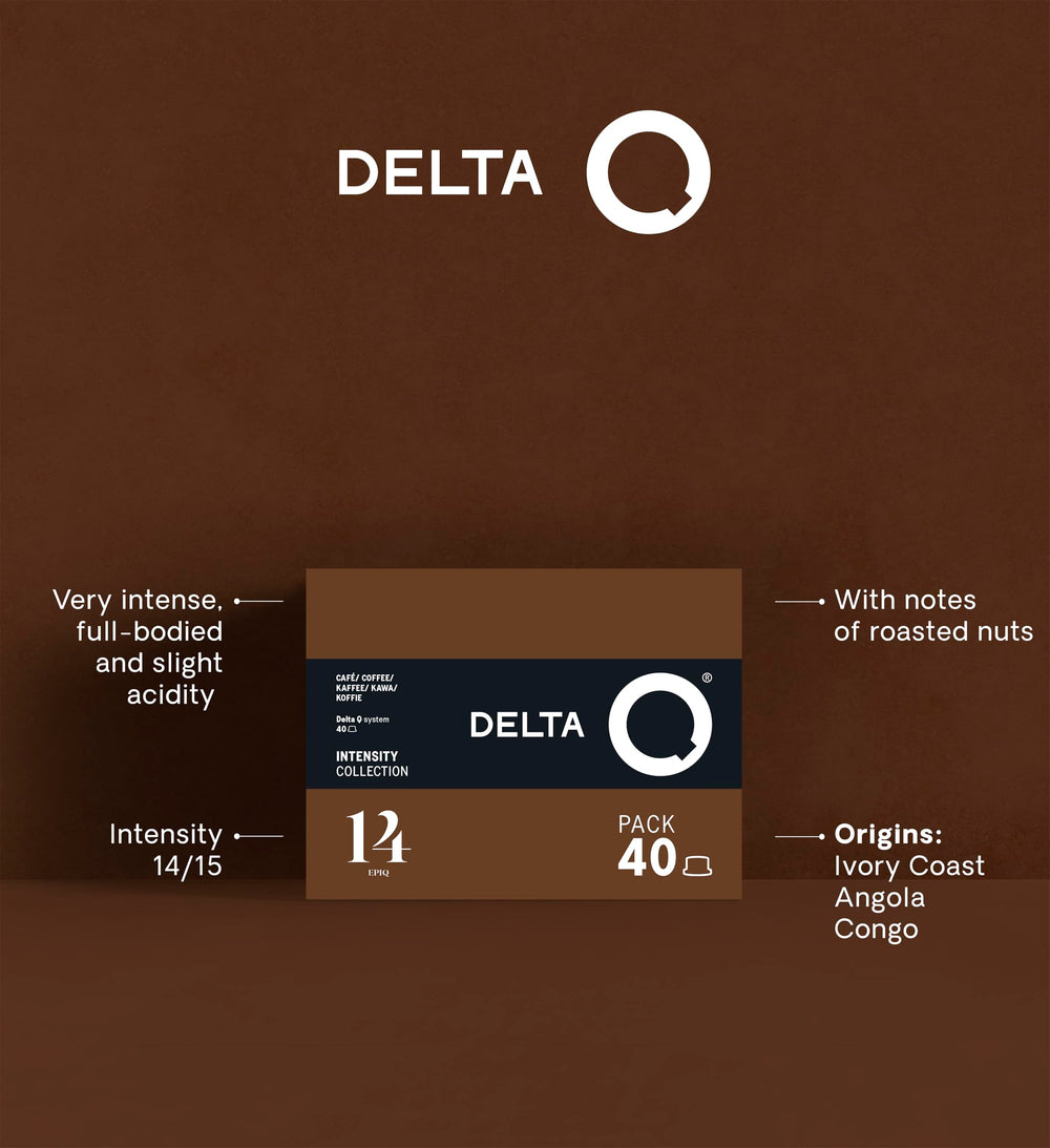 Delta Q espresso en taza con crema sedosa, intenso y aromático