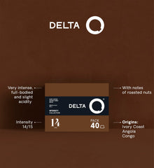 Delta Q espresso en taza con crema sedosa, intenso y aromático