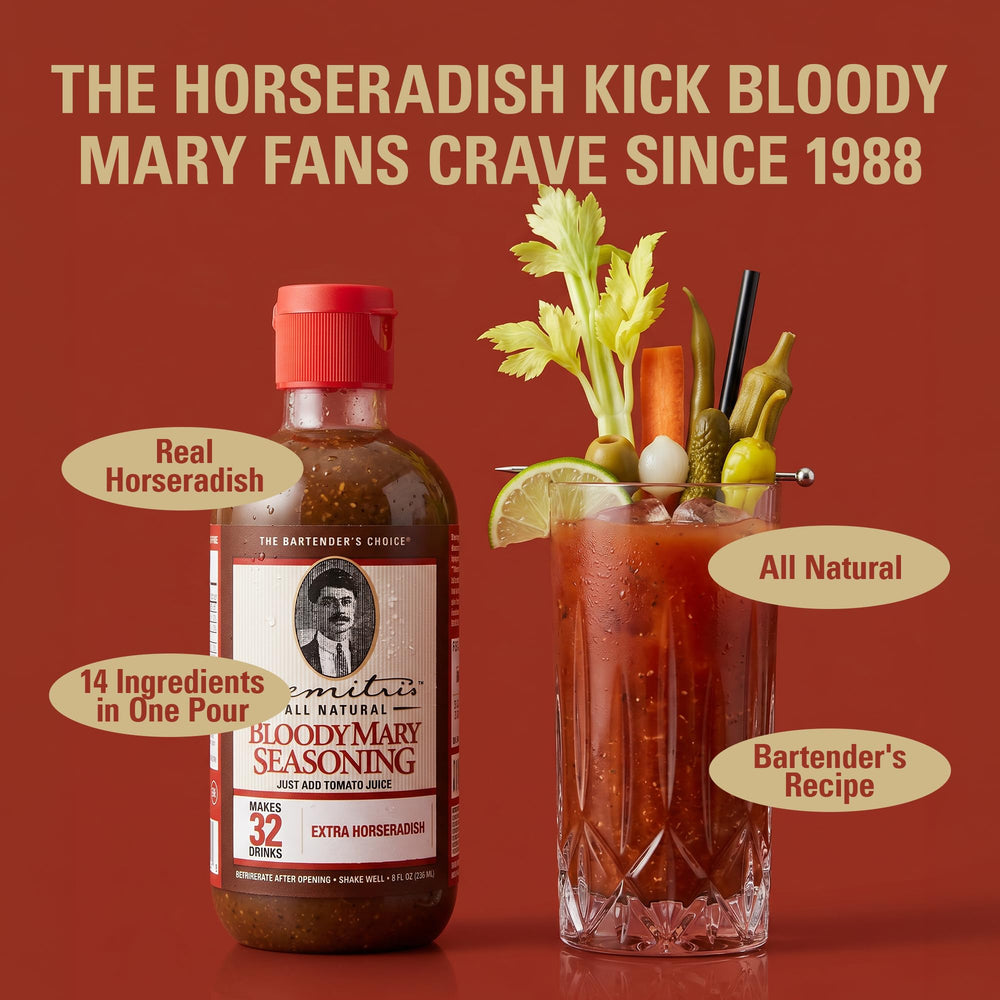 Demitri's Bloody Mary servido con adorno, listo para brunch y sabor potente