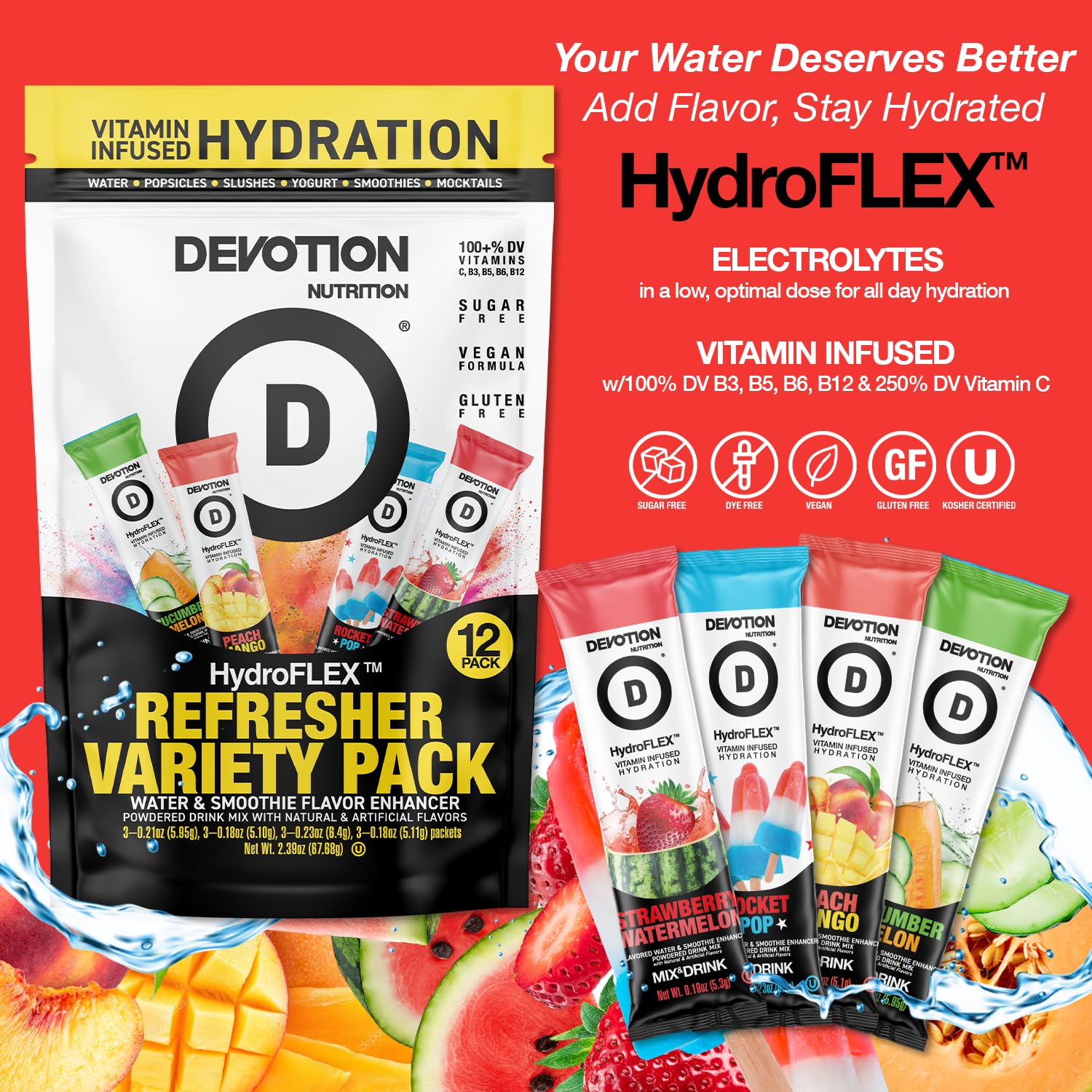 Devotion HydroFLEX primer plano del sobre mostrando textura y practicidad