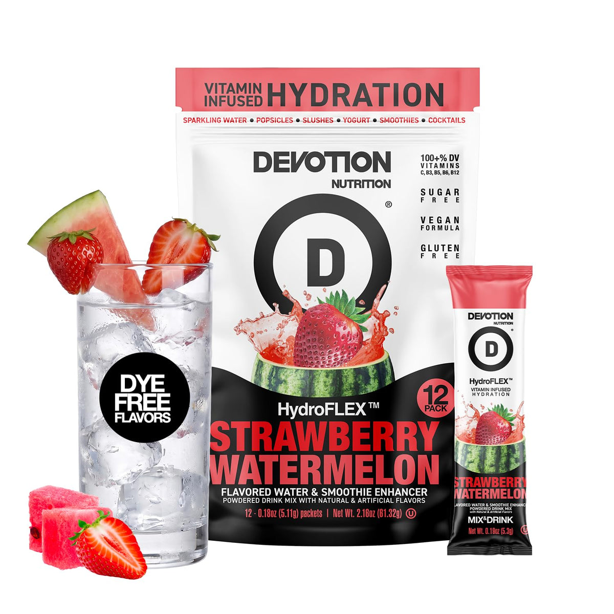 Devotion Nutrition empaque frontal fresa sandía mostrando sobres y beneficios