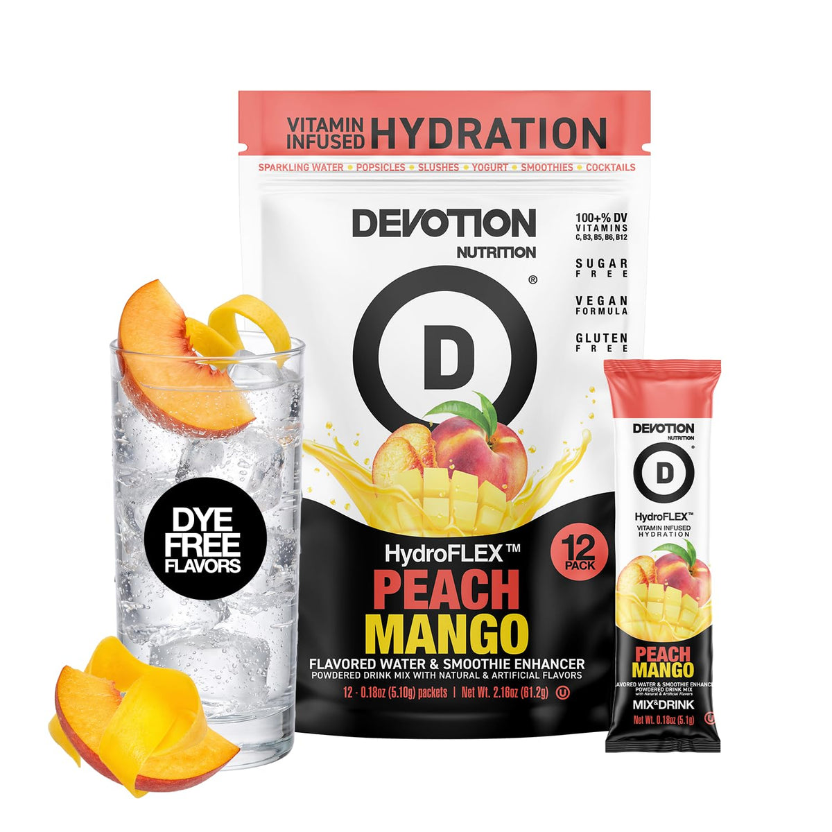Devotion Nutrition empaque frontal con sobres, muestra conveniencia
