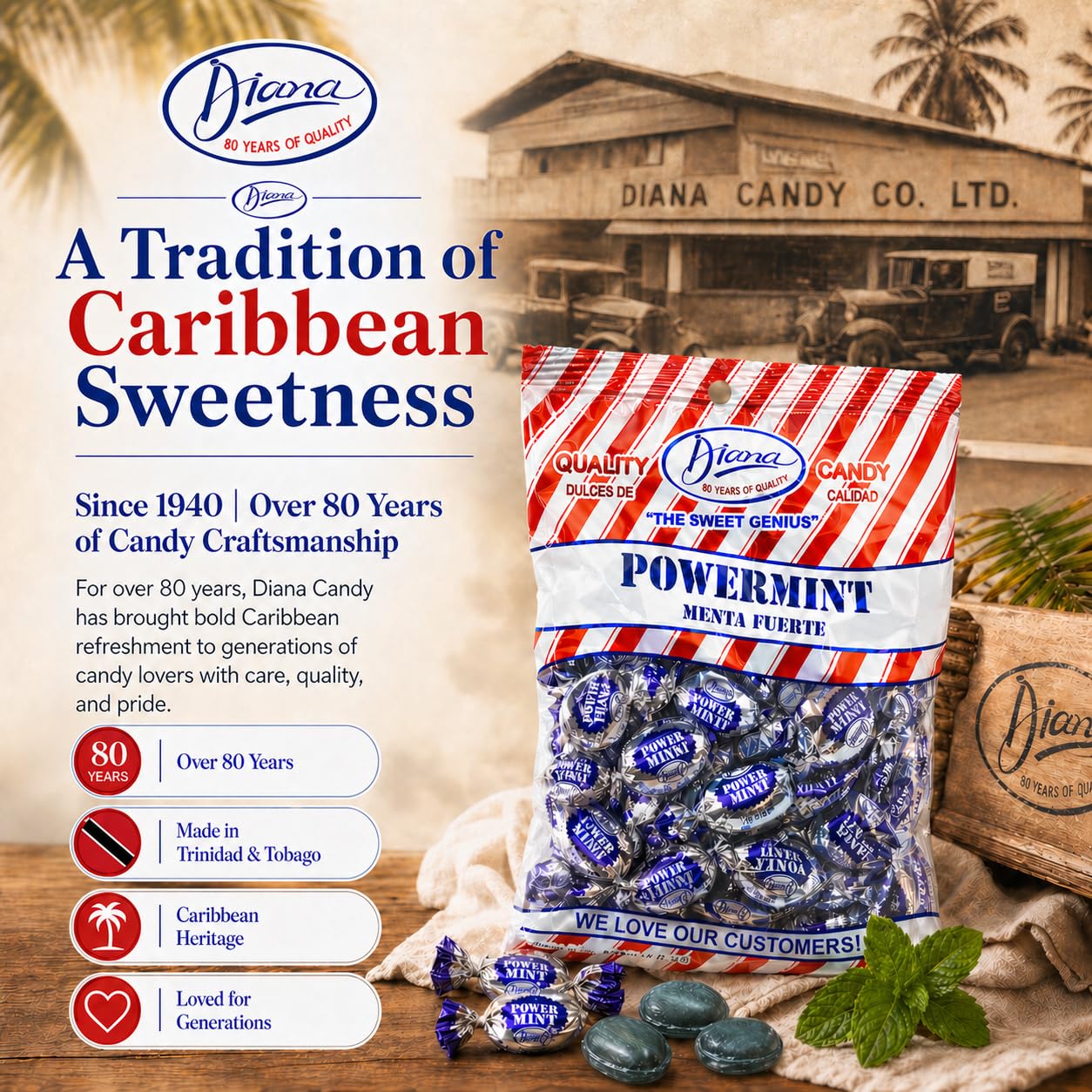 DIANA 55 YEARS OF QUALITY AND DESIGN etiqueta con información del producto y detalles de ingredientes