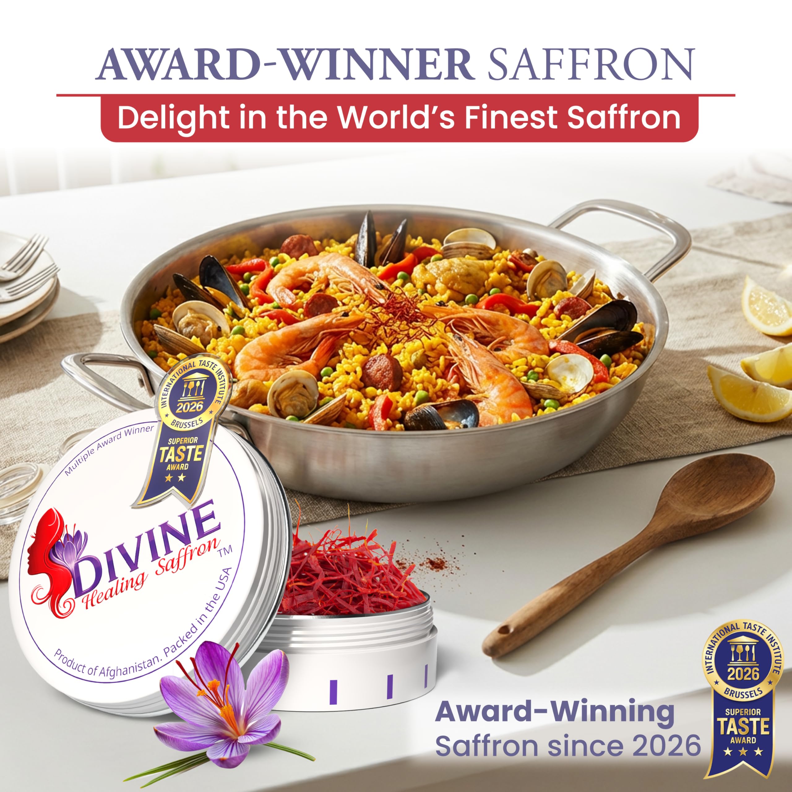 Divine Healing Saffron ambiente de cocina gourmet con frasco y plato servido