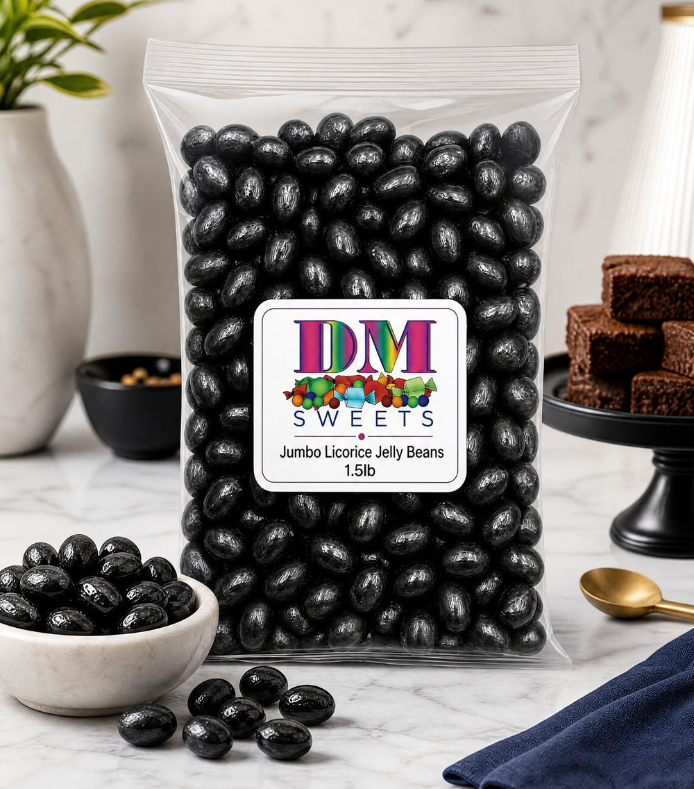DM Sweets comparación de tamaño con jelly bean estándar, bocado más grande