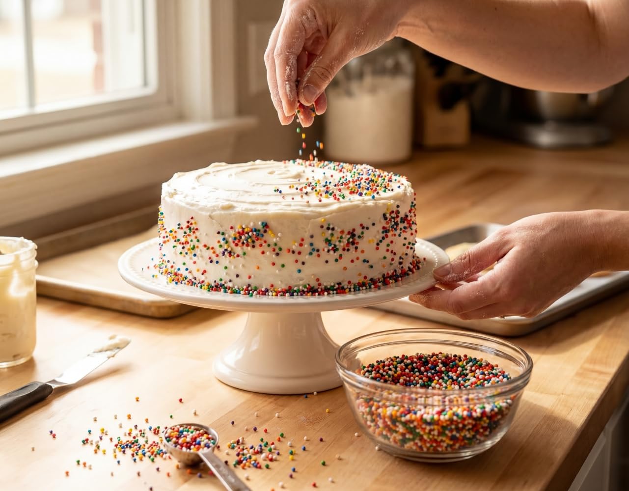 DM Sweets comparación de tamaño de las nonpareils con una cuchara, control por porción