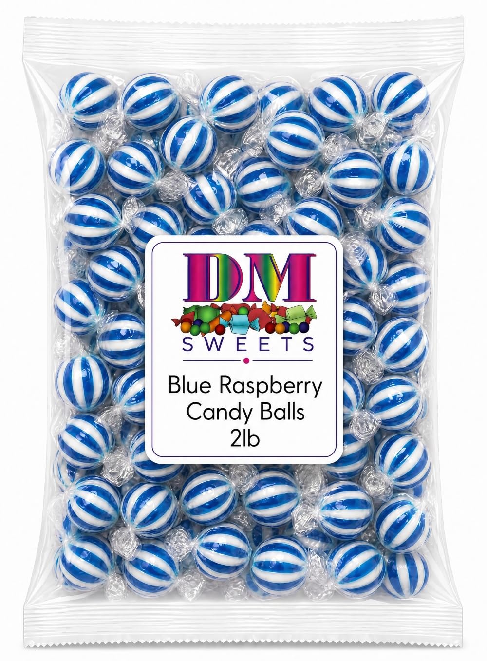 DM Sweets primer plano de rayado azul y blanco, atractivo visual
