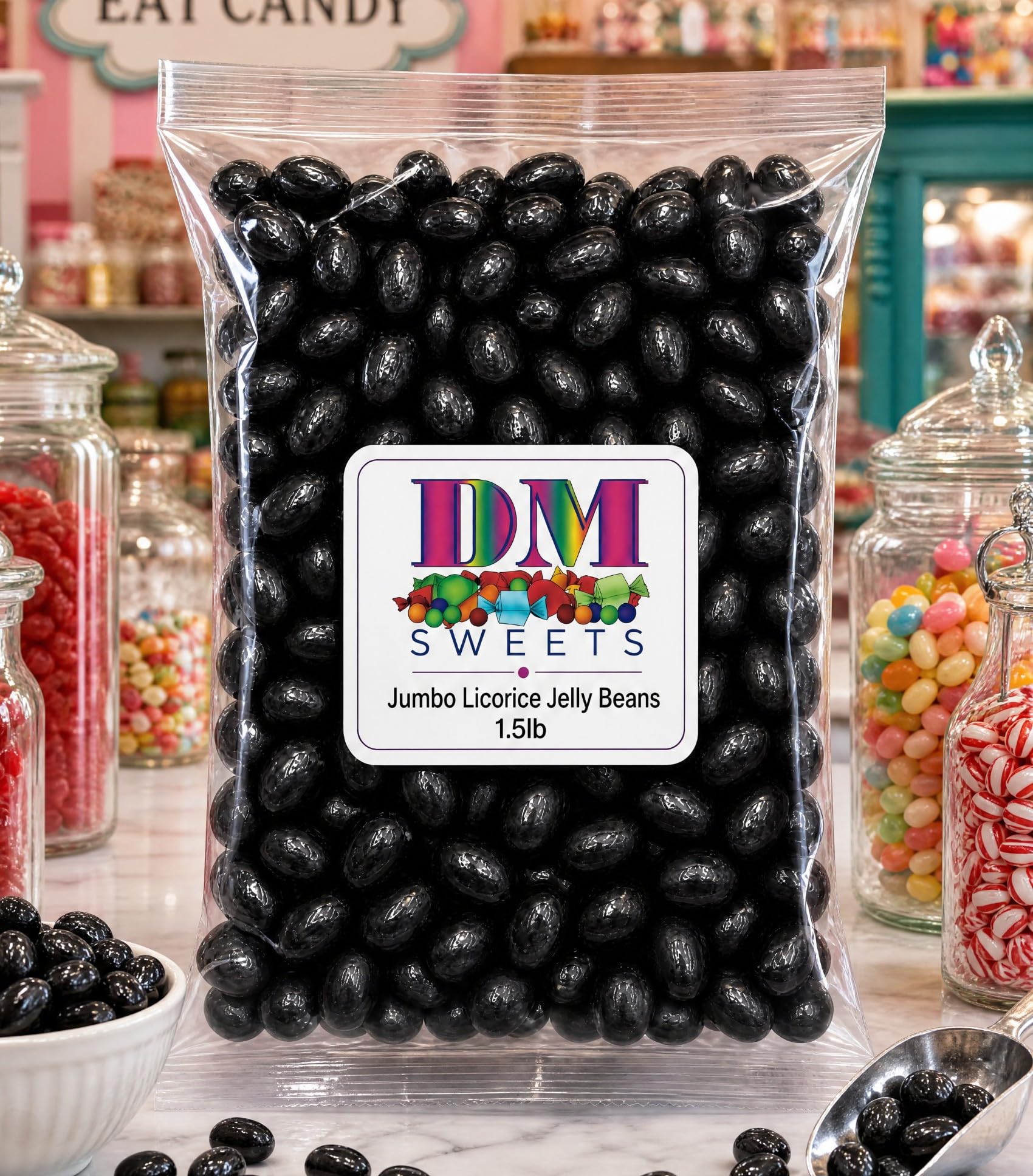 DM Sweets jelly beans en frasco de vidrio, fácil exhibición y servicio