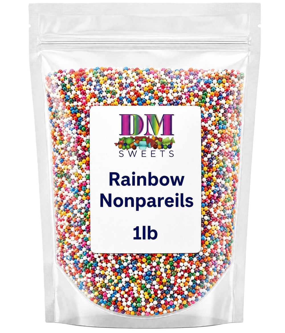 DM Sweets textura de nonpareils en primer plano que destaca crujido y color