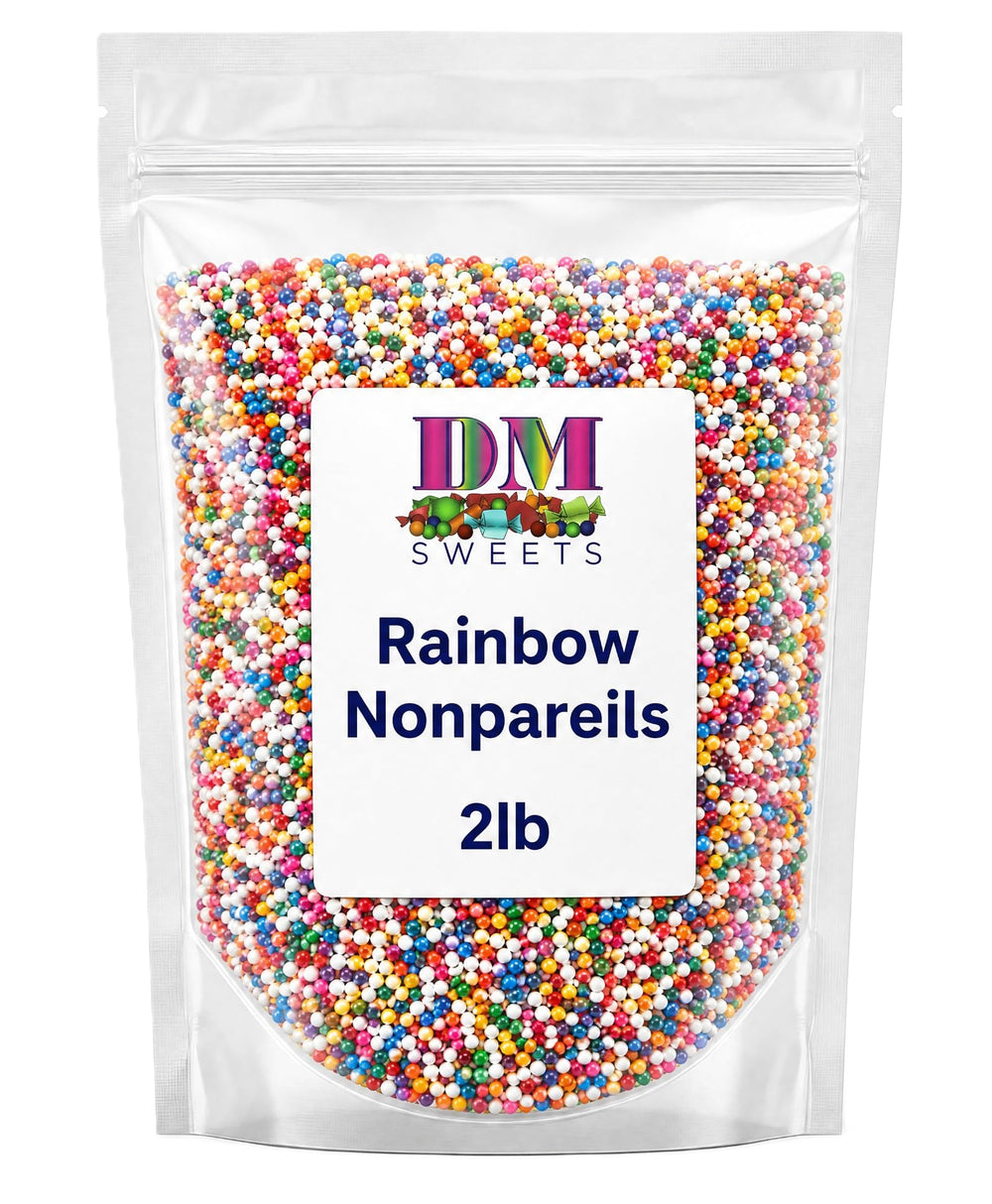 DM Sweets primer plano de textura crujiente y perlas multicolor, aporta contraste