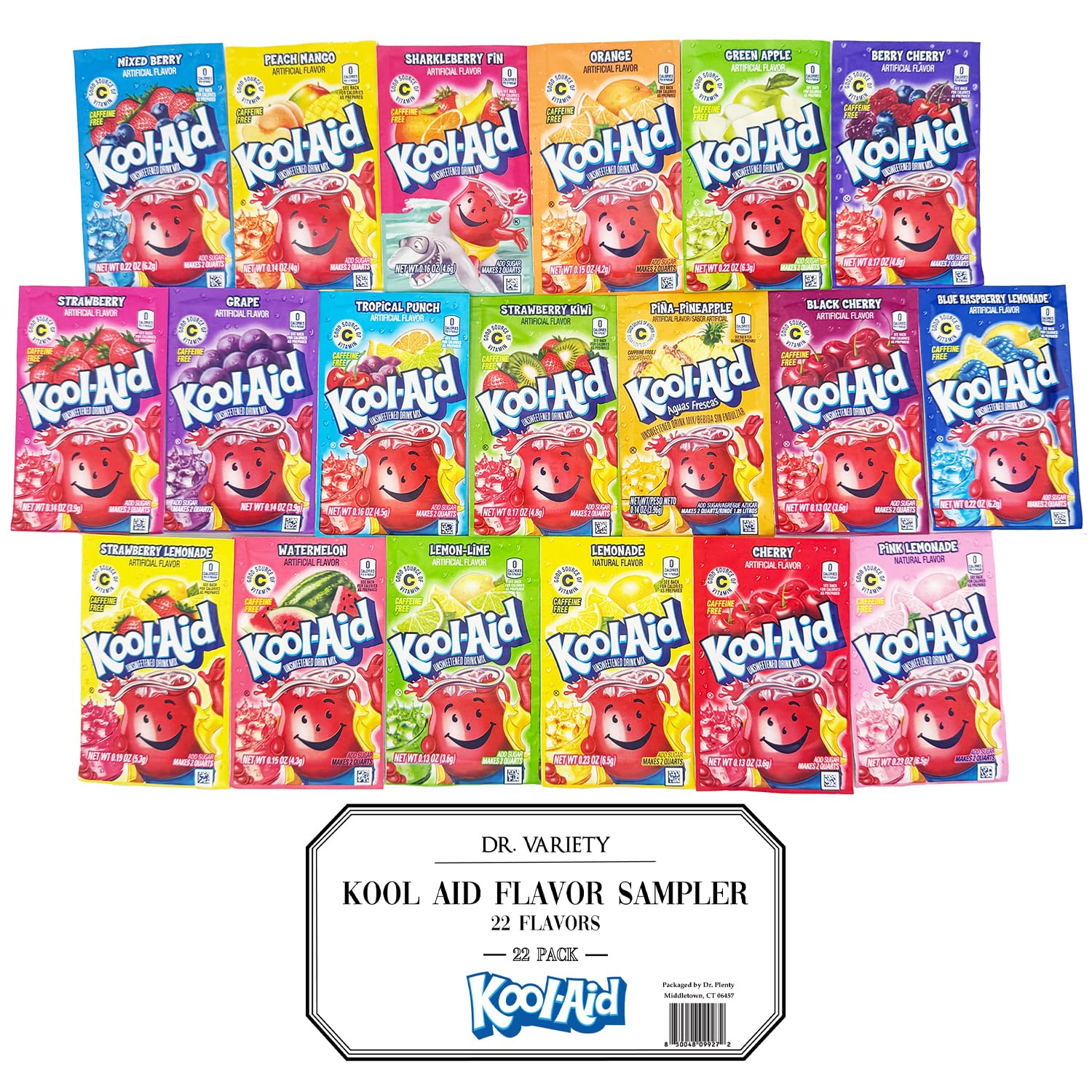 Doctor Plenty Kool-Aid frente del empaque mostrando variedad y conveniencia