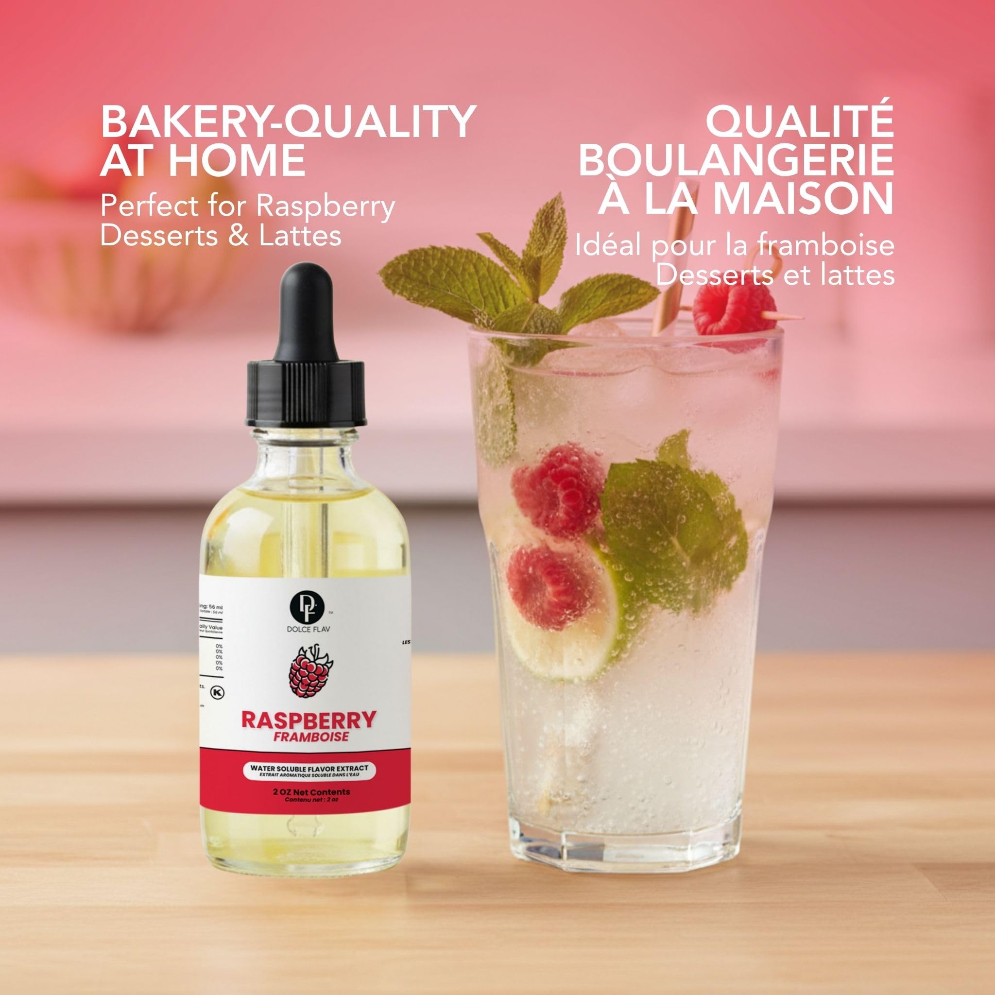 Dolce Flav gota de extracto en bebida rosa, aporte de sabor frutal brillante