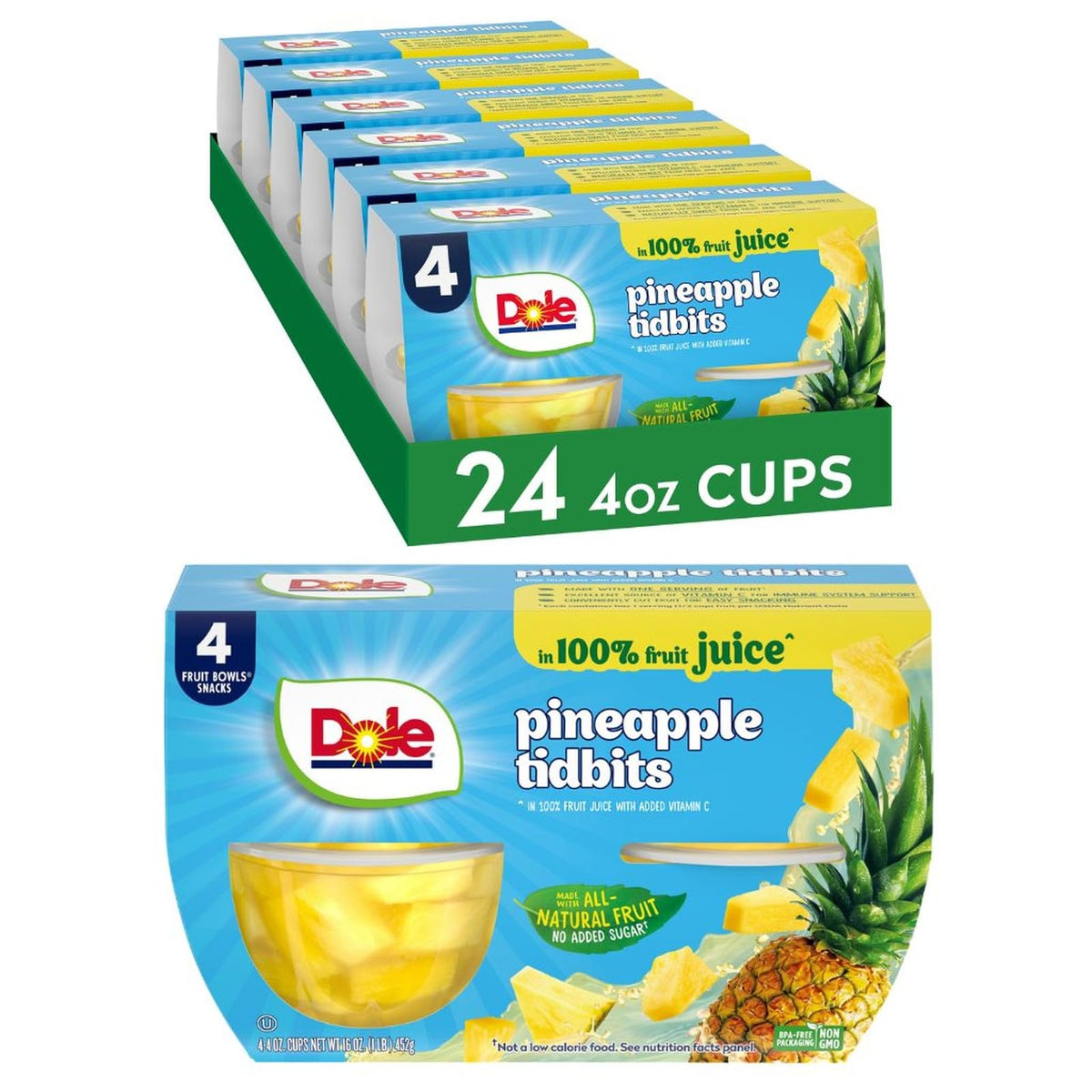 Dole empaque frontal mostrando 24 tazas, ideal para almacenamiento