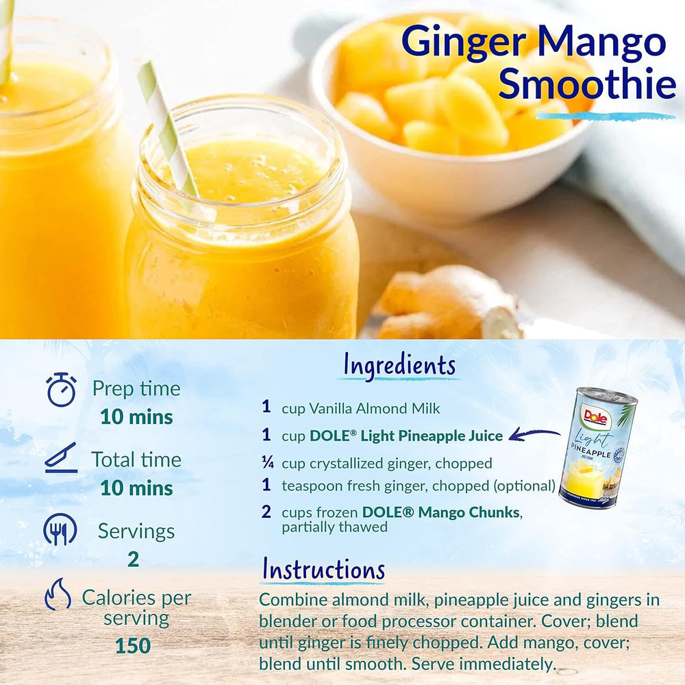 Dole jugo de piña en vaso junto a smoothie preparado, uso práctico en recetas