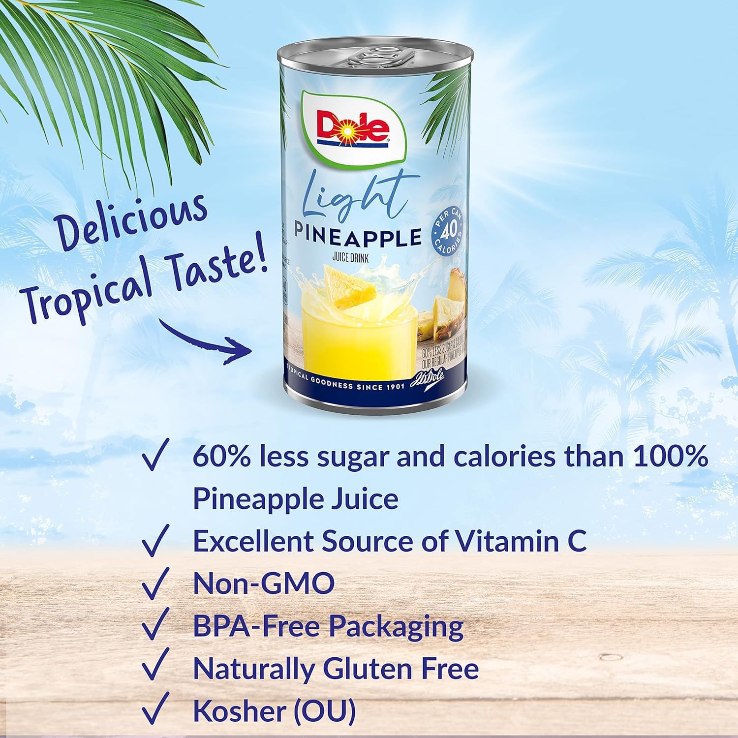 Dole lata de jugo de piña primer plano con detalle de la marca y texto, fácil identificación