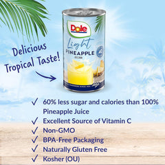 Dole lata de jugo de piña primer plano con detalle de la marca y texto, fácil identificación