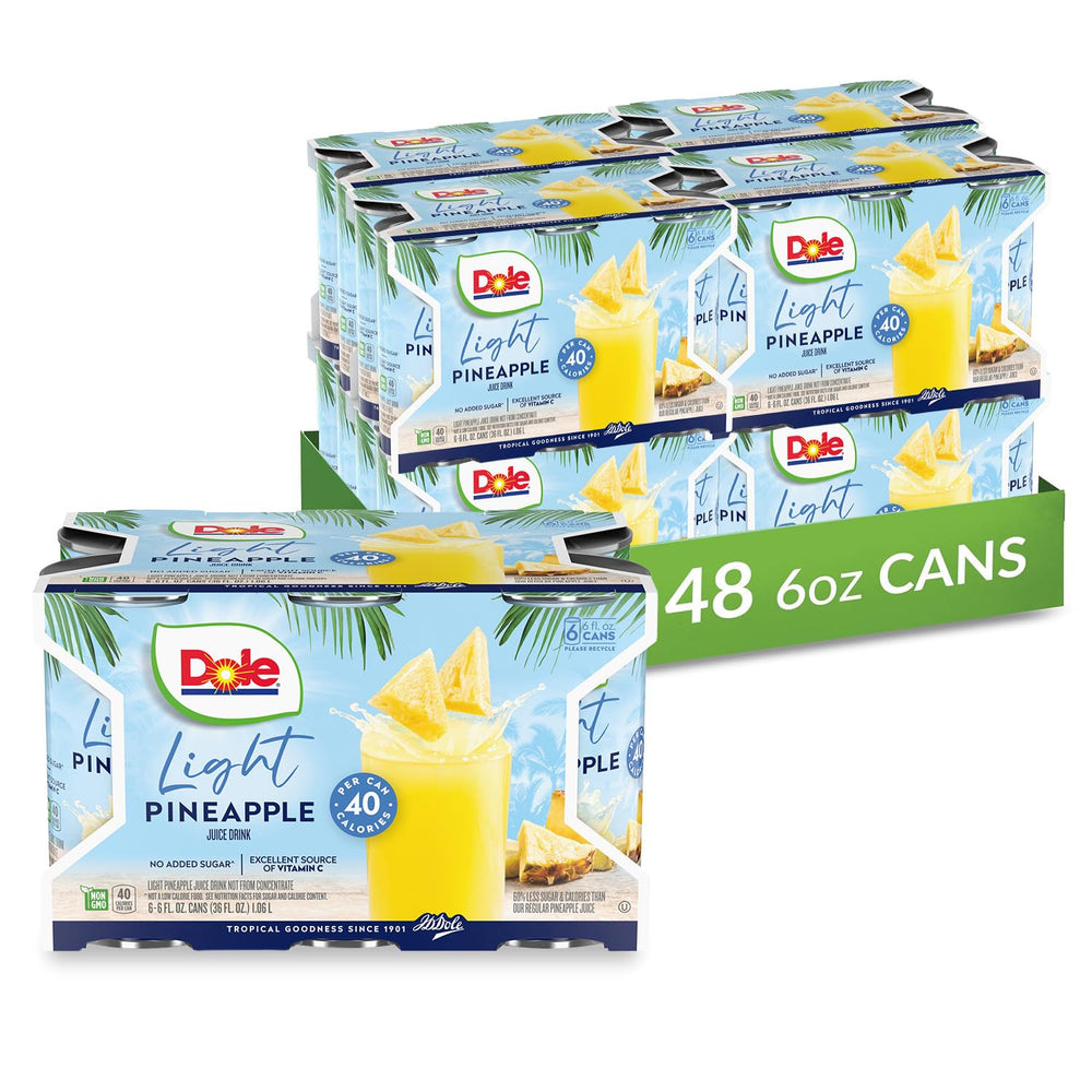 Dole jugo de piña pack frontal mostrando latas y etiqueta clara, conveniencia inmediata