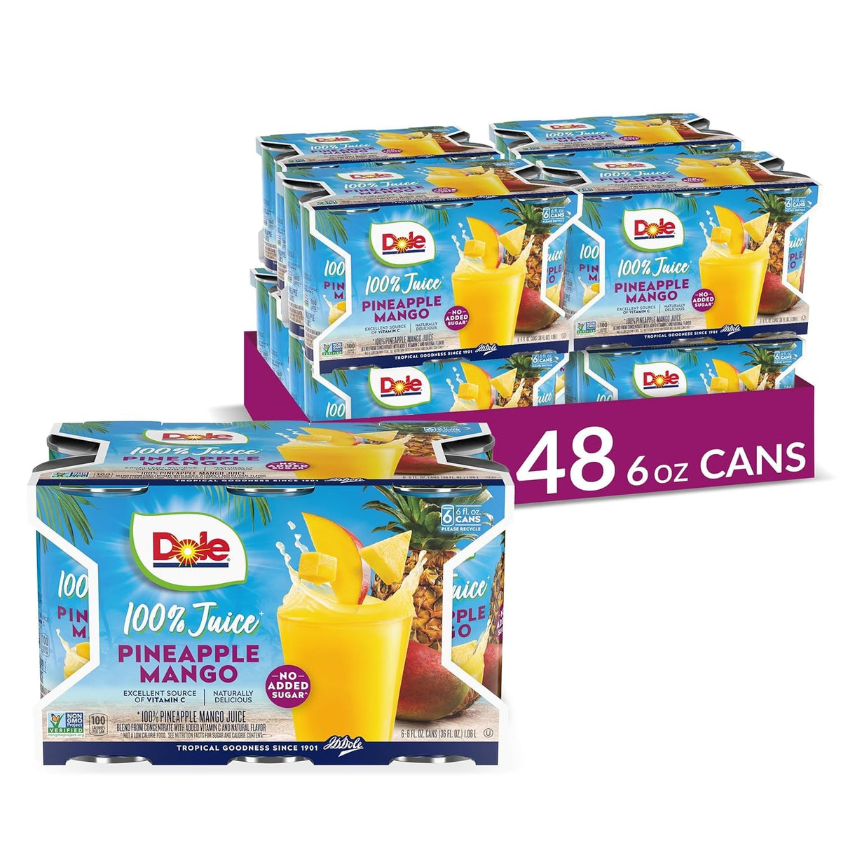 Dole lata frontal Pineapple Mango mostrando etiqueta y beneficio listo para llevar