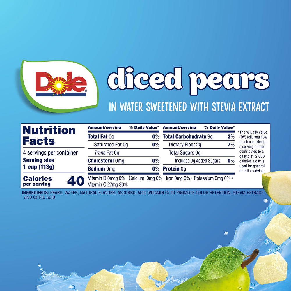 Dole taza abierta con peras picadas servidas, ideal como merienda rápida