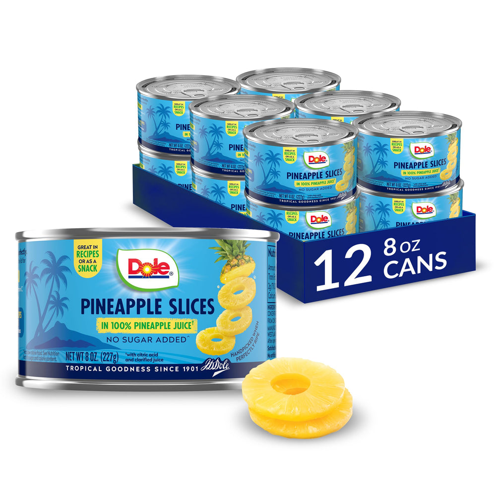 Dole lata frente mostrando rodajas listas para comer y conveniencia
