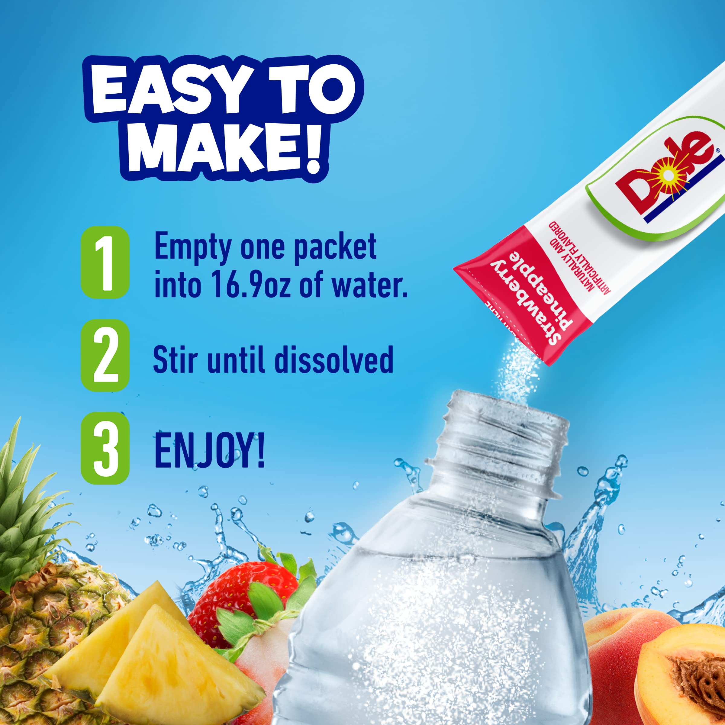 Juicy Mixes Dole vaso servido con hielo ofrece refresco instantáneo