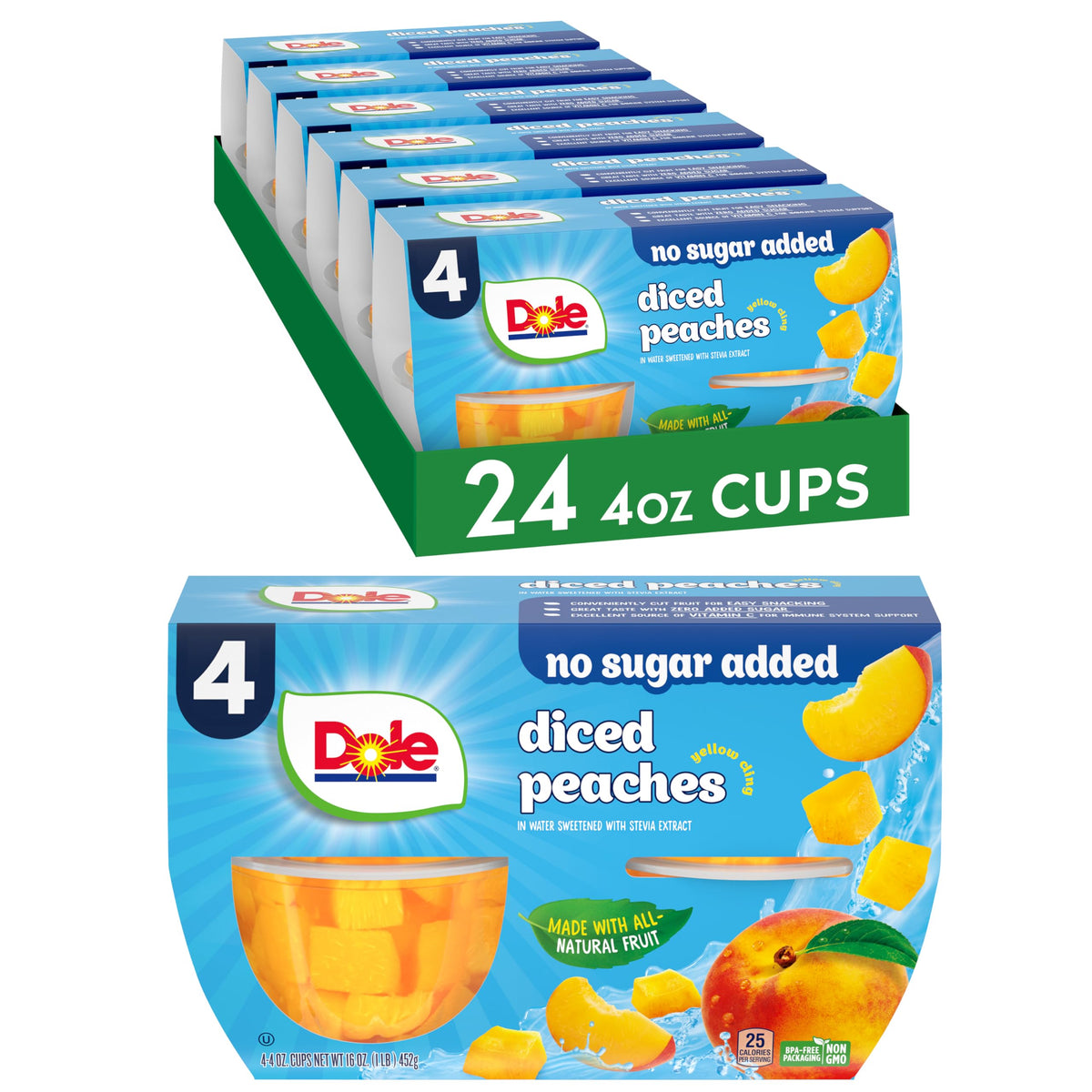 Dole vaso frontal mostrando duraznos listos para comer y facilidad
