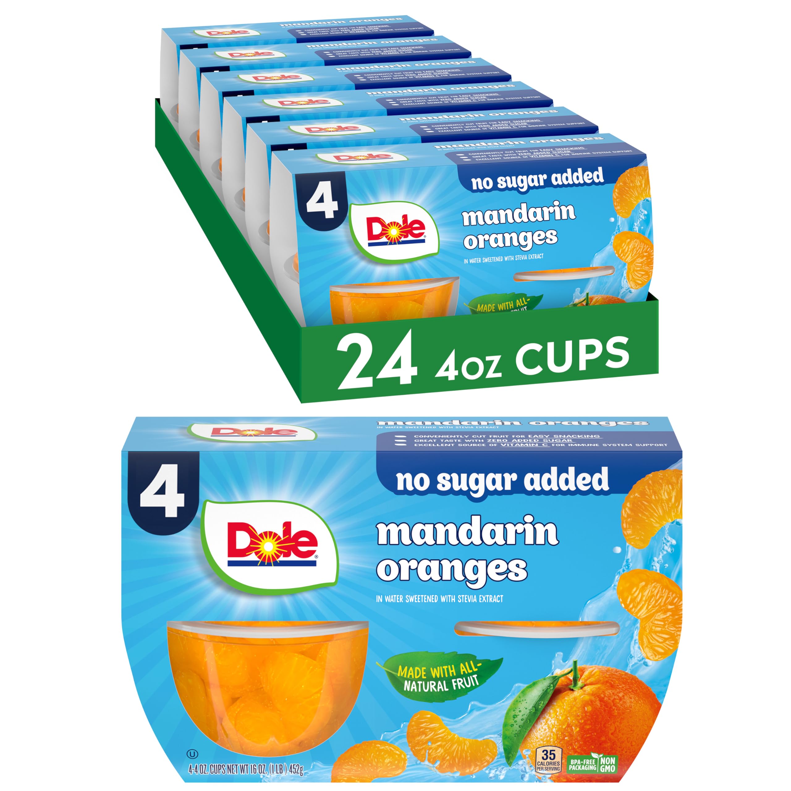 Dole vaso frontal mostrando mandarinas listas para comer y conveniencia