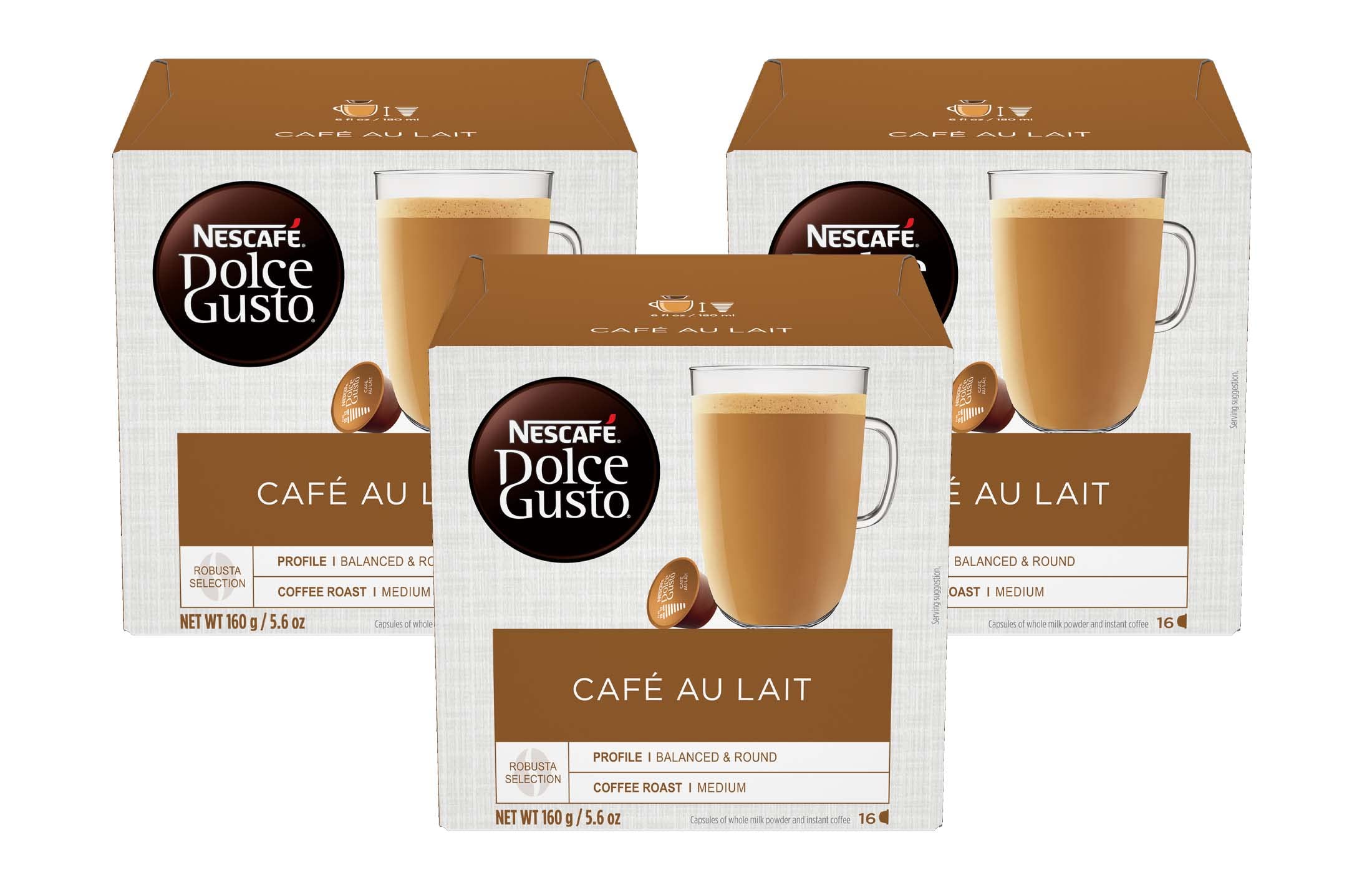 Nescafé Dolce Gusto frontal del embalaje mostrando caja y cápsulas, claro y práctico