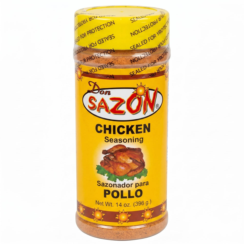 Don Sazon frasco frontal del sazonador de pollo mostrando etiqueta y tamaño útil para cocina