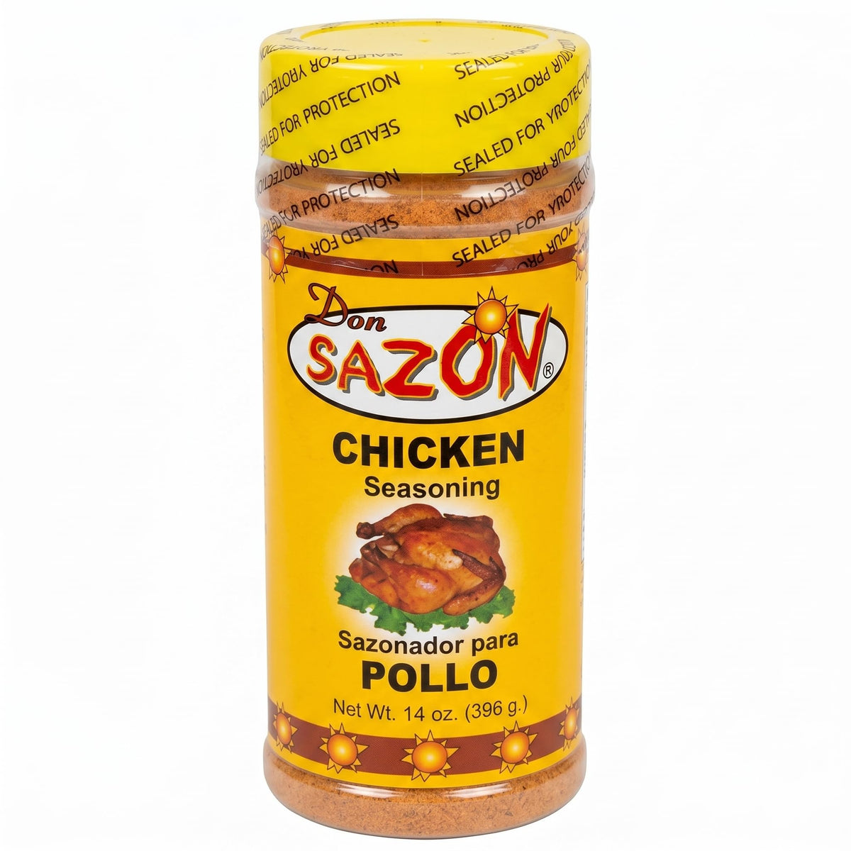 Don Sazon frasco frontal del sazonador de pollo mostrando etiqueta y tamaño útil para cocina
