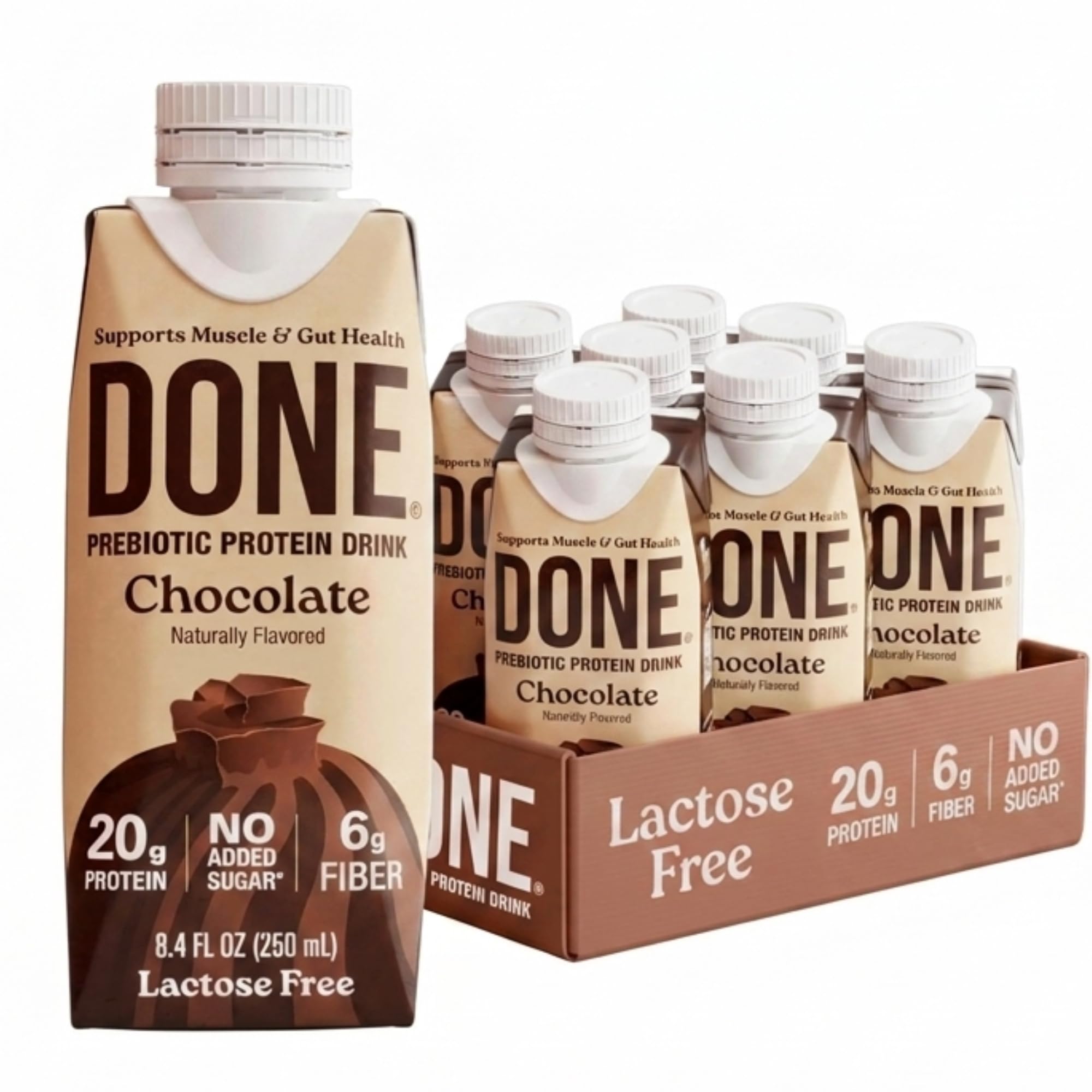Done batido chocolate frontal mostrando envase y marca, conveniente