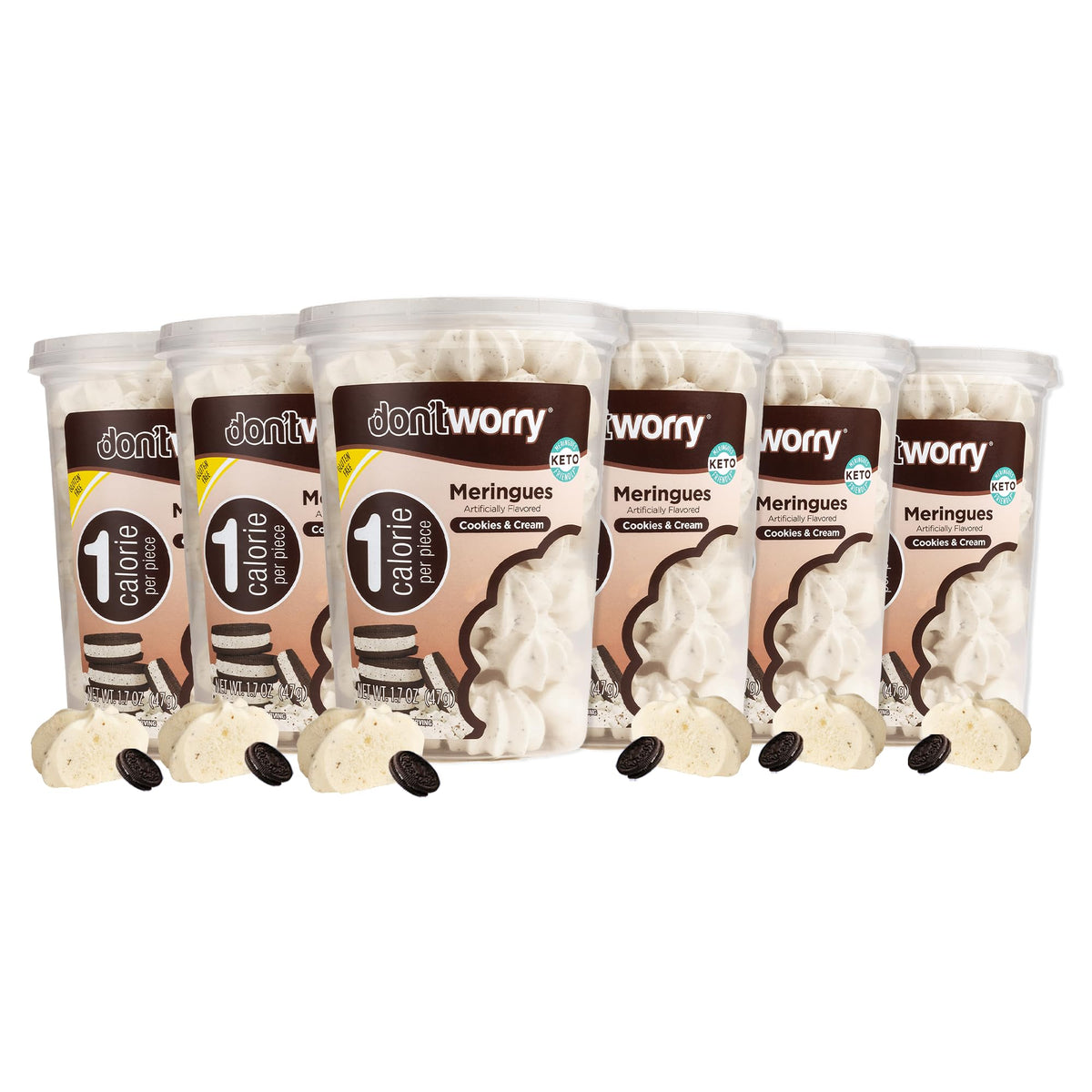 Don't Worry envase frontal cookies & cream mostrando diseño atractivo y bajo calorías