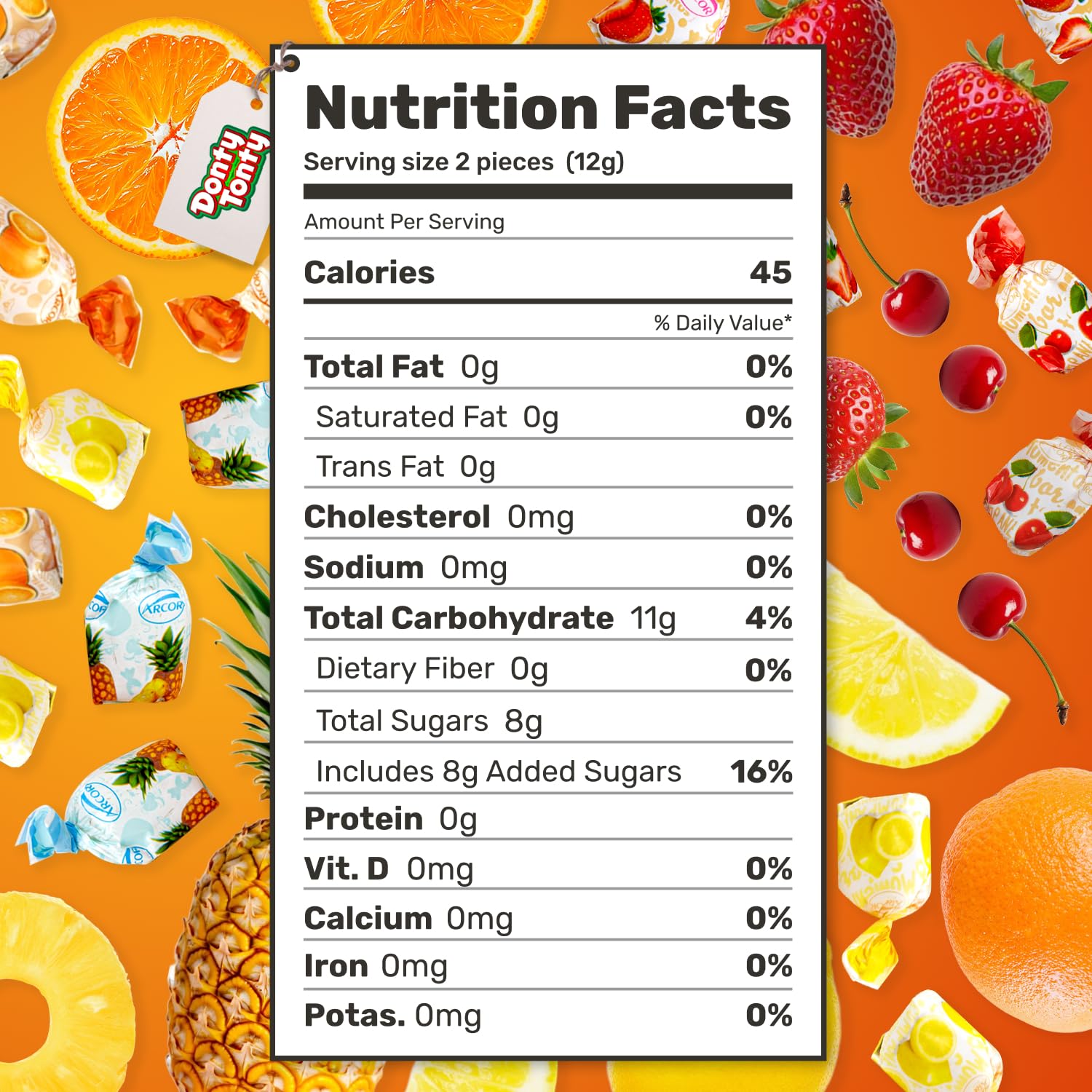 Donty-Tonty etiqueta con lista de ingredientes y datos visibles