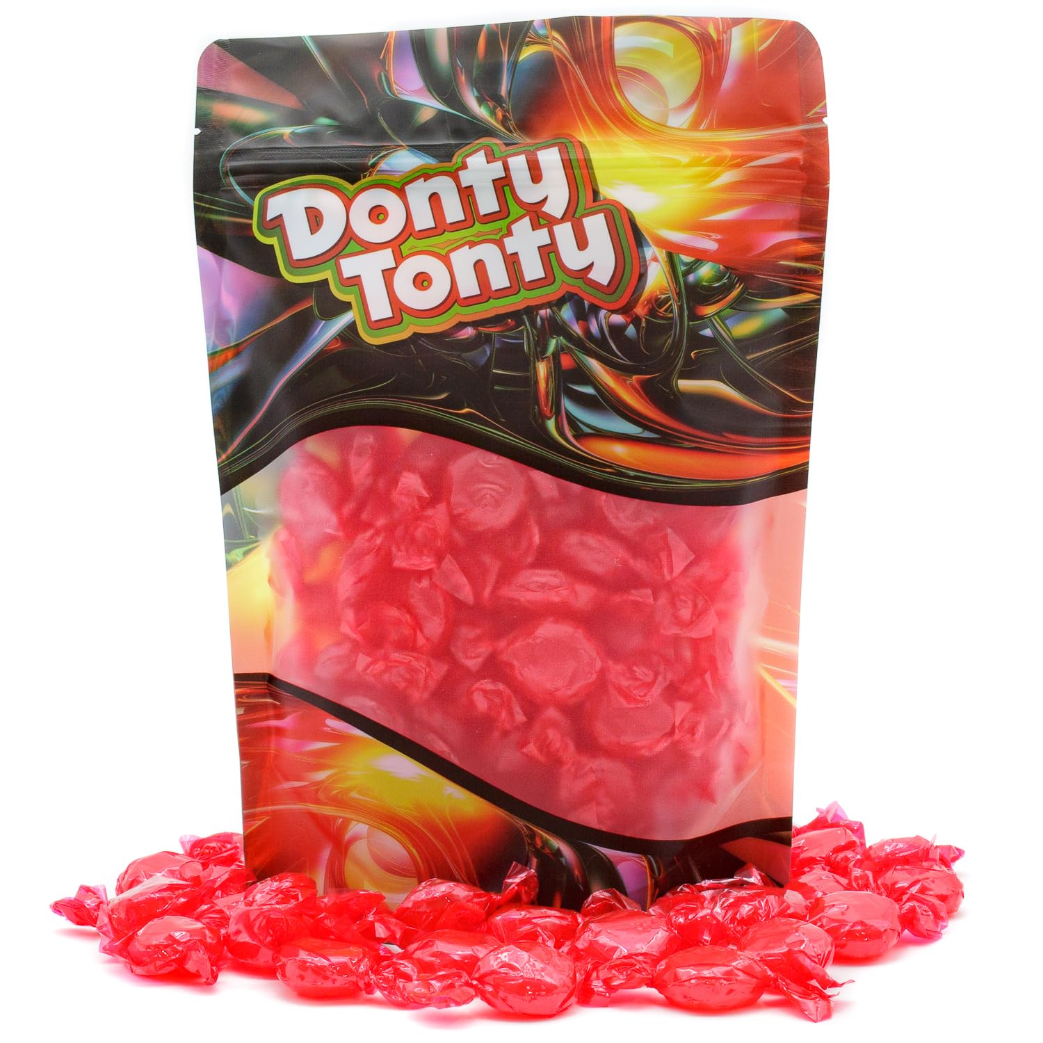 Donty-Tonty persona disfrutando caramelo, muestra placer y sabor intenso