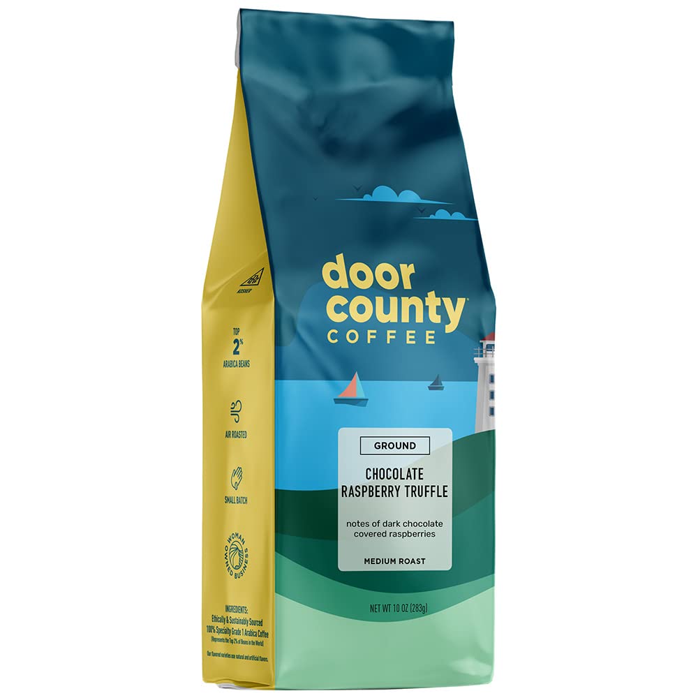 Door County bolsa frontal mostrando aroma chocolate frambuesa y calidad