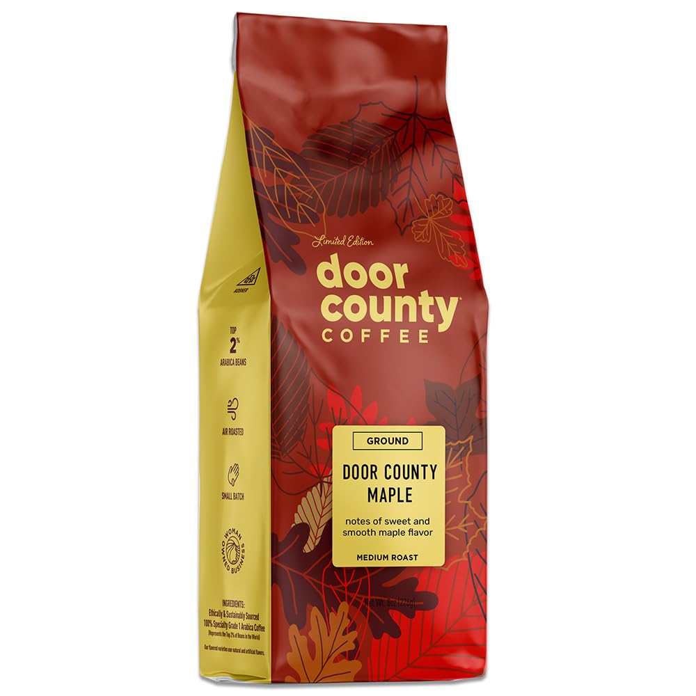 Door County Coffee empaque frontal mostrando 8 oz y sabor arce