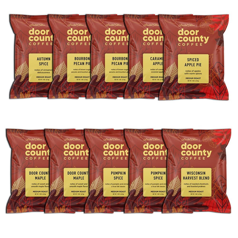 Door County Coffee caja frontal con sampler otoñal, facilita escoger sabores