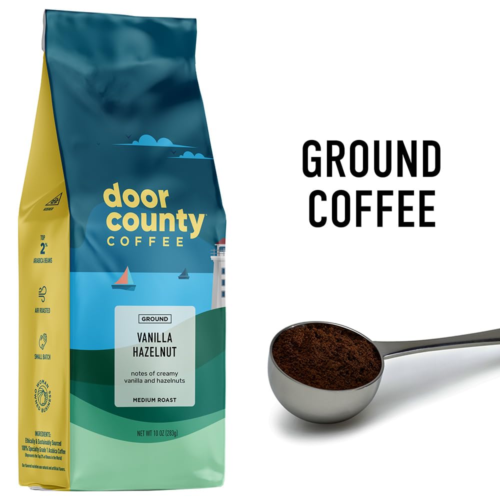 Door County Coffee sello de tueste medio destacando tueste uniforme