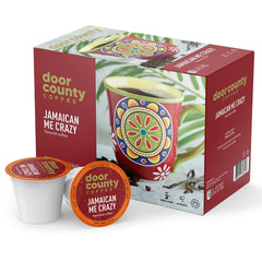 Door County Coffee envase frontal Jamaican Me Crazy muestra sabor ron y vainilla
