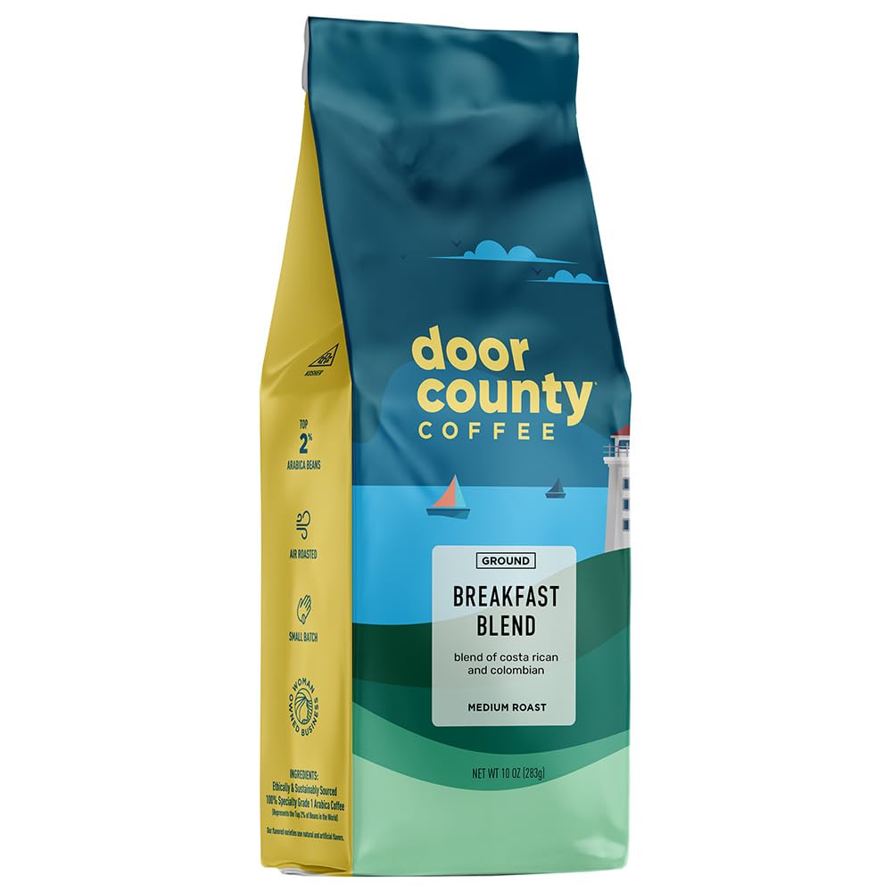 Door County Coffee paquete frontal mostrando el empaque y la marca, conservación óptima
