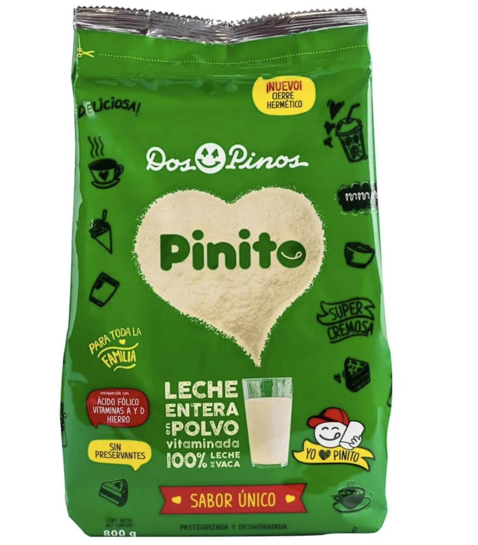 DOS PINOS Leche Pinito frente del envase, tamaño familiar y confianza