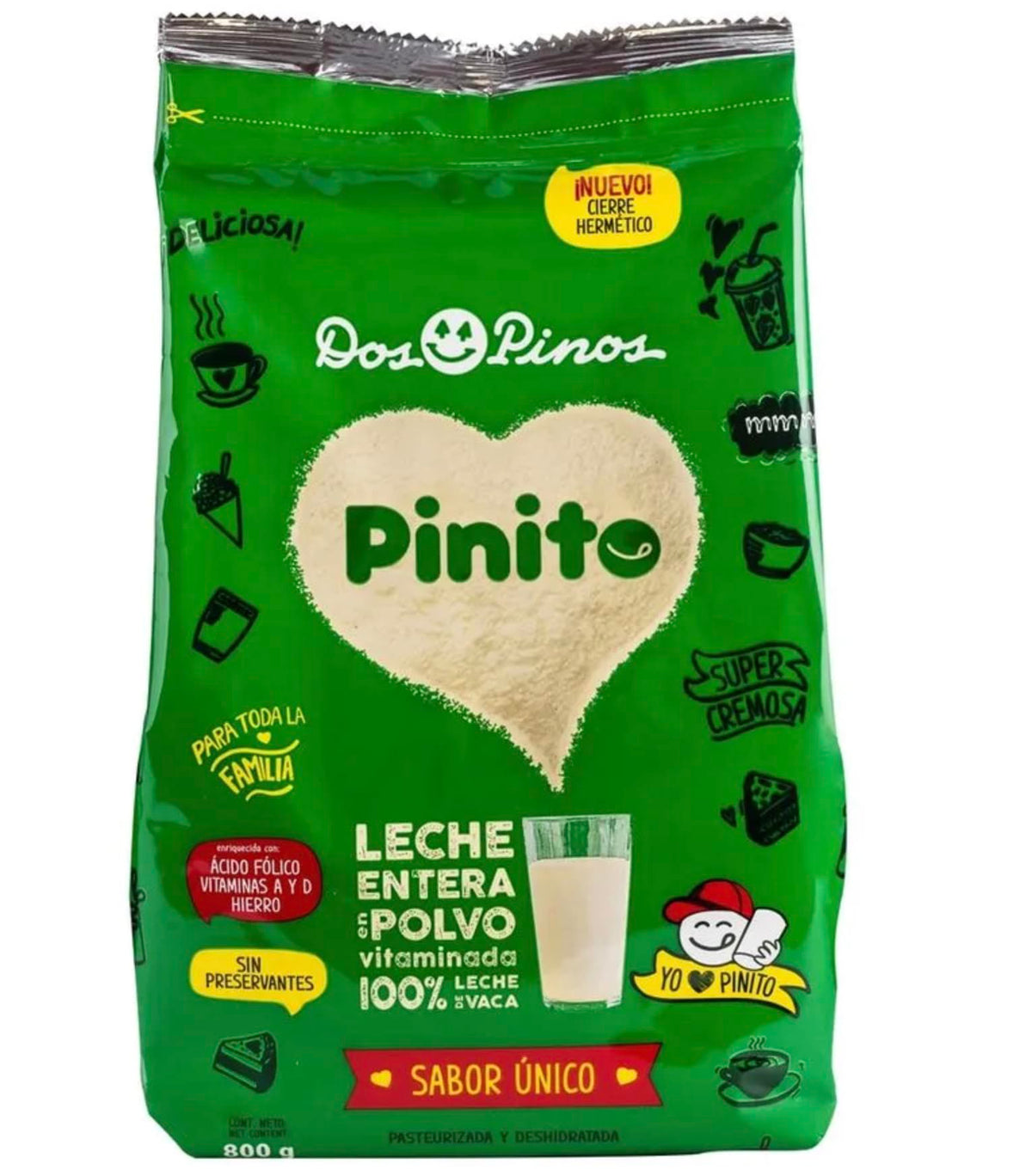 DOS PINOS Leche Pinito frente del envase, tamaño familiar y confianza