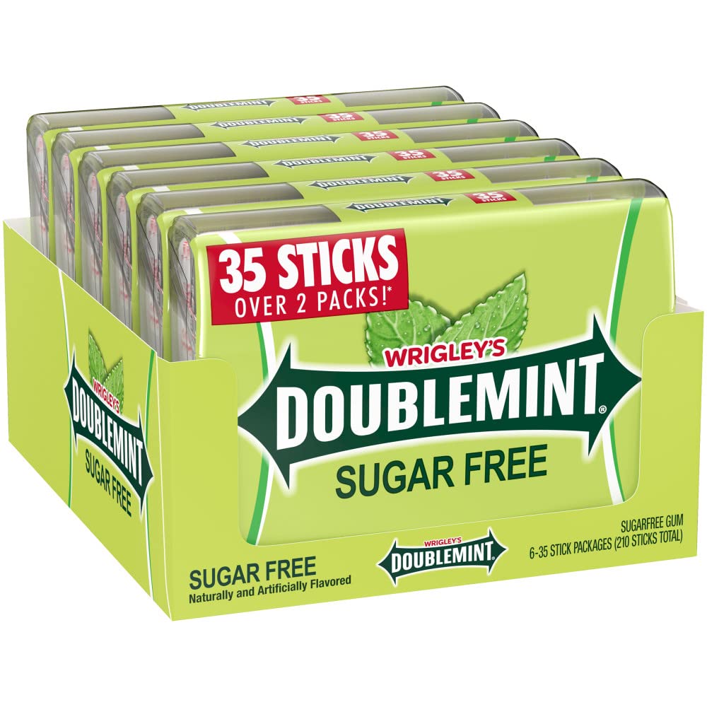 Doublemint frente del empaque mostrando seis cajas y facilidad de almacenamiento