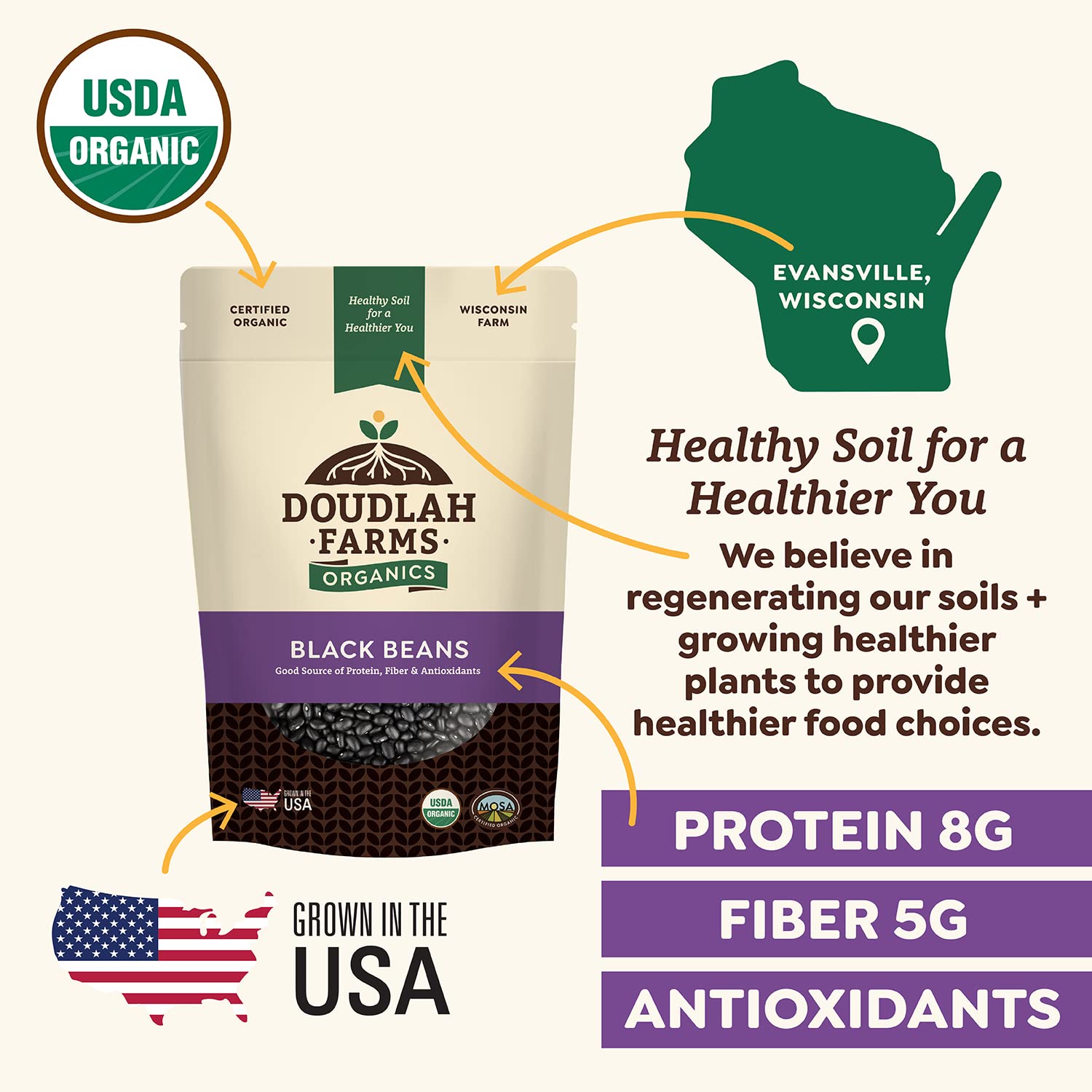 Doudlah Farms frijoles junto a regla para comparar tamaño y cantidad