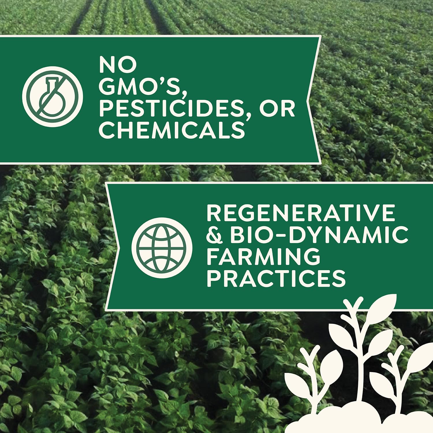 Doudlah Farms etiqueta con certificaciones orgánicas y sin glifosato visible