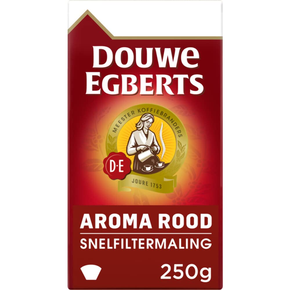 Douwe Egberts paquete frontal 250 g mostrando el sello y beneficio de sabor equilibrado
