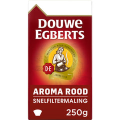 Douwe Egberts paquete frontal 250 g mostrando el sello y beneficio de sabor equilibrado