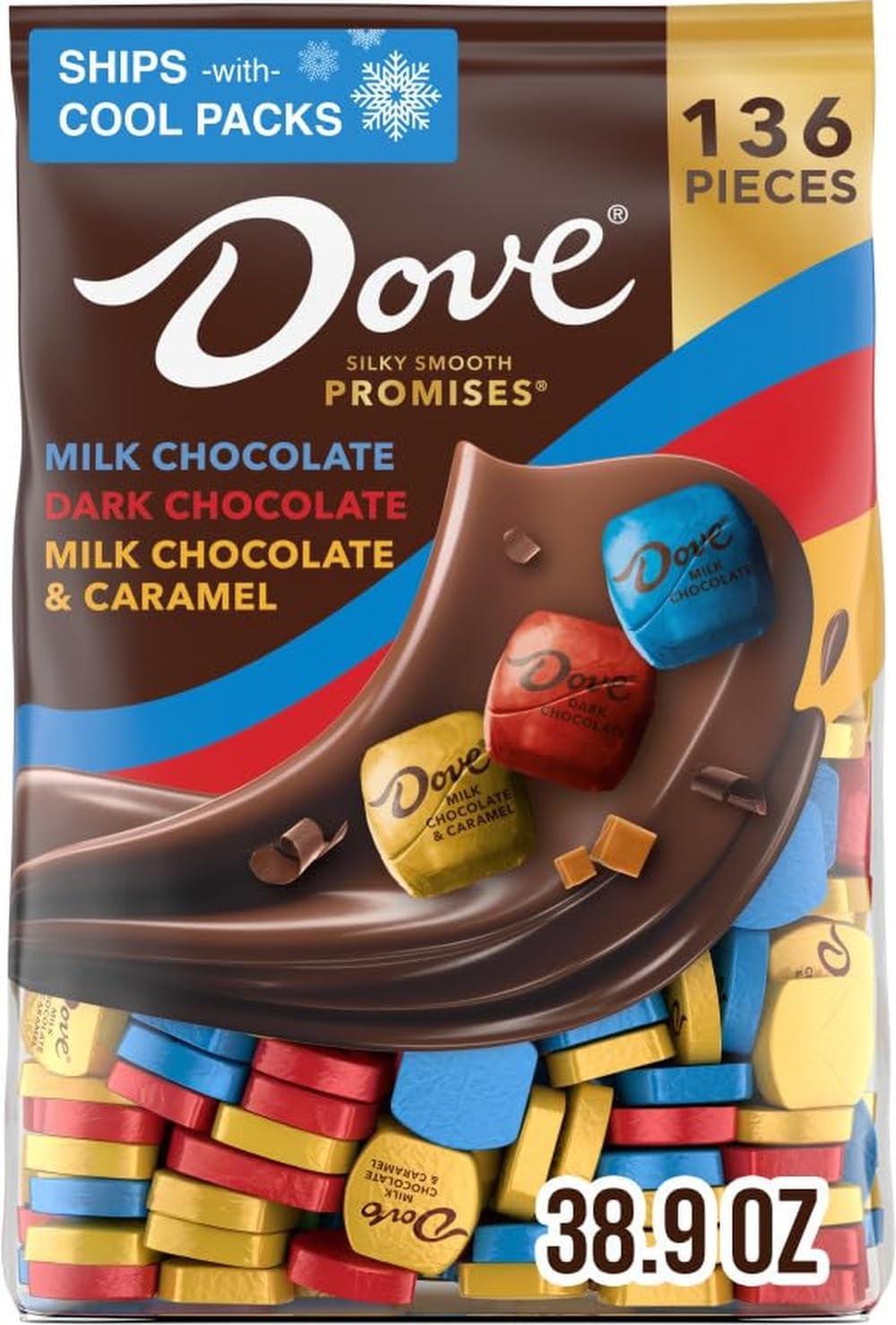 Dove paquete frontal mostrando la bolsa grande y variedad