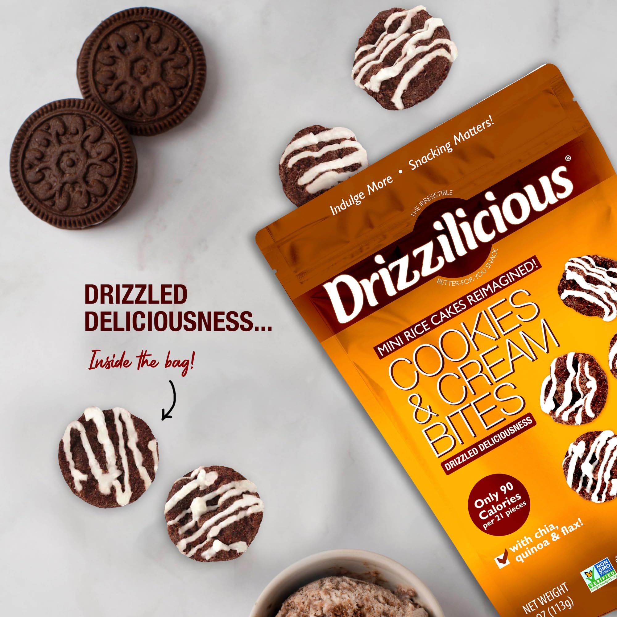 Drizzilicious detalle del glaseado blanco tipo chocolate que aporta sabor indulgente